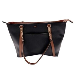 Collection18 Black Tote Bag Vegan Leather Brown Straps